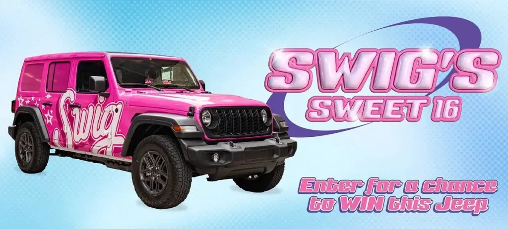 Swig Sweet 16 Celebration 1 Custom-wrapped pink Jeep Wrangler for Swig's Sweet 16 anniversary giveaway 2026.